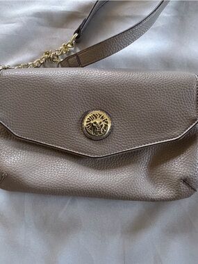 Anne Klein Taupe Crossbody Bag with Gold Medallion